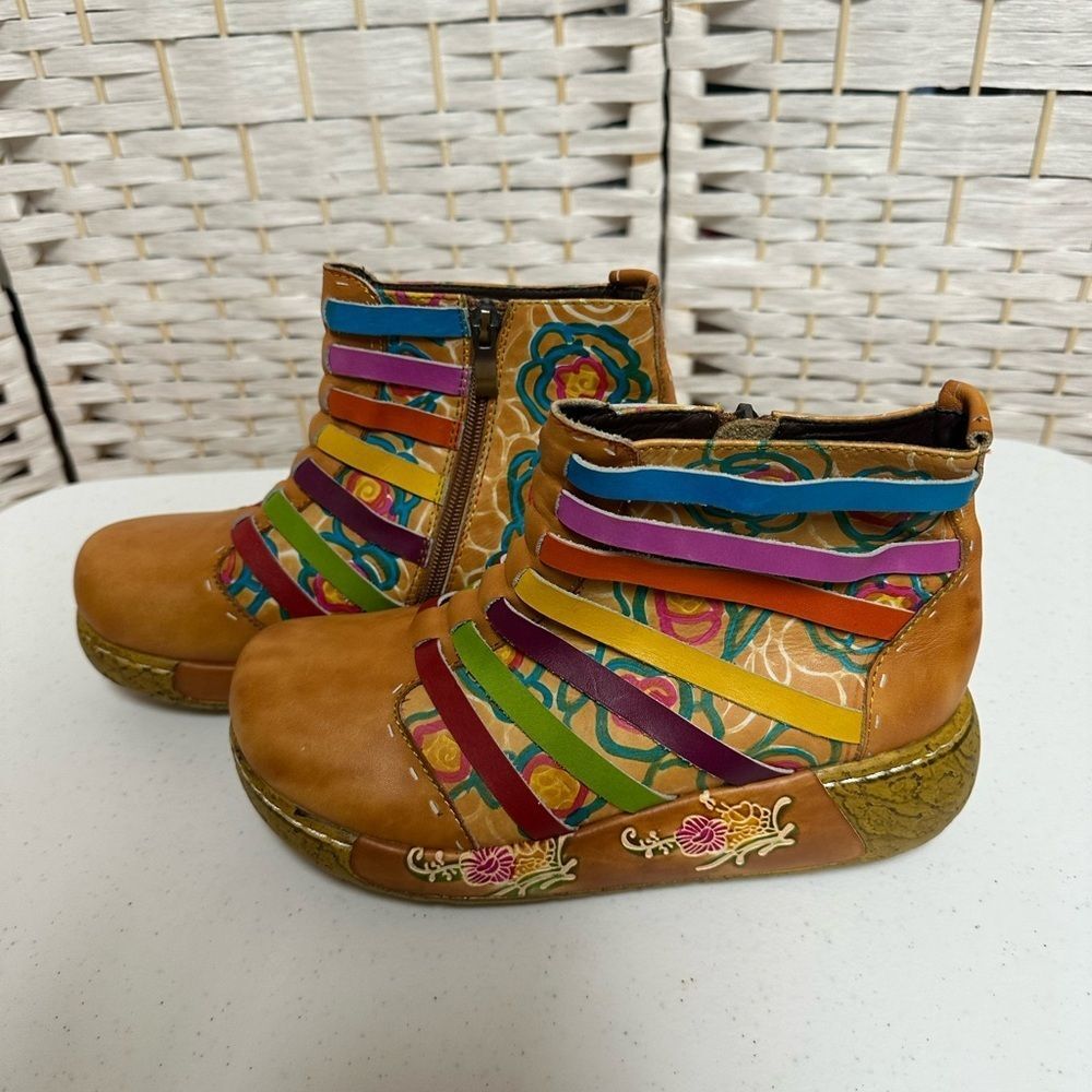 Socofy Ankle boots women’s sz 6.5eu 37 boho like new colorful cork look heel zip - Picture 8 of 10